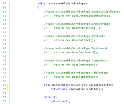 Sample Service Factory with SQL Table Editor that has a yellow highlight line on lines 49-50.